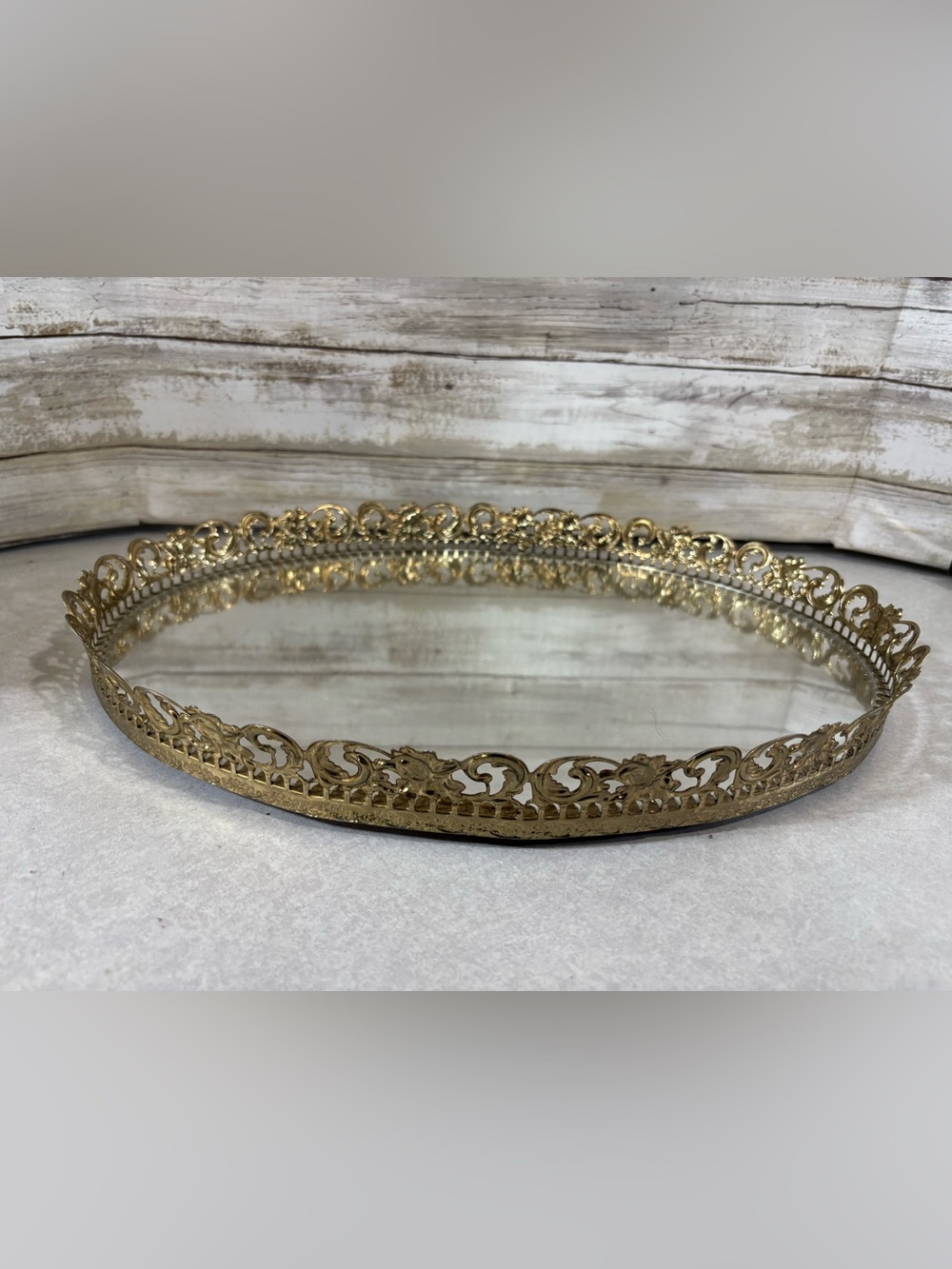Vintage oval mirrored vanity tray
